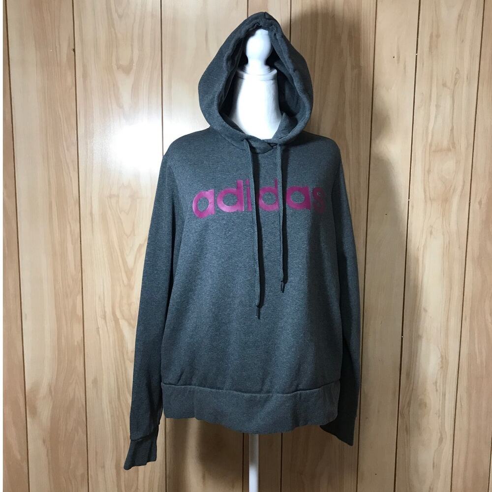 Adidas Gray Fleece Pullover Hooded Sweatshirt Pink Graphic Logo Size 1X